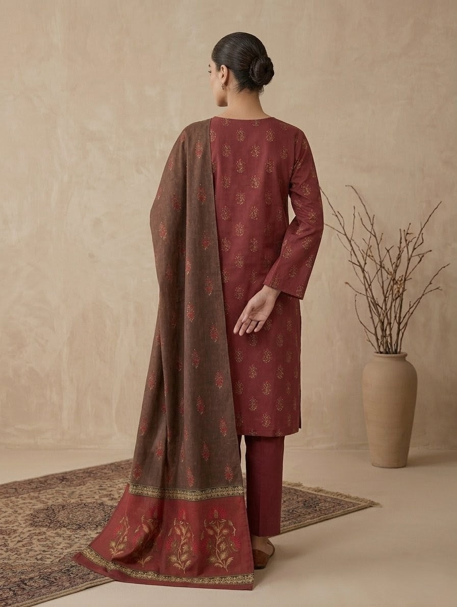 Finest Quality Lawn Unstitched 3 Piece Suit - Hamnaaz Maroon & Gold Motif Print