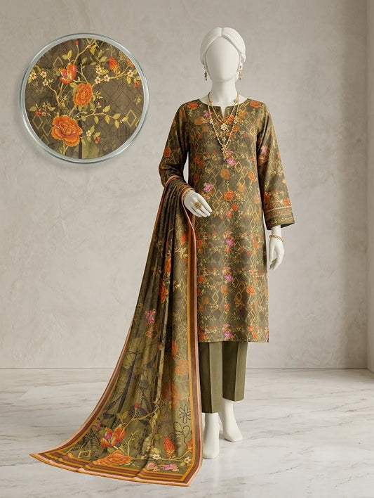 Finest Quality Lawn Unstitched 3 Piece Suit - Hamnaaz Olive Floral Meadow Print