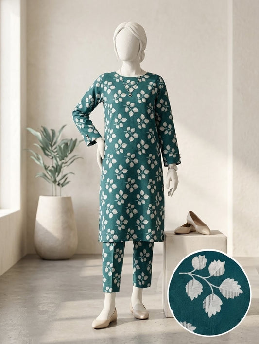 Finest Quality Lawn Unstitched 2 Piece Suit - Hamnaaz Teal White Leaf Motif Print