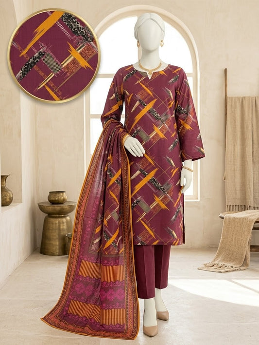 Finest Quality Doria Lawn Unstitched 3 Piece Suit - Hamnaaz Burgundy Abstract Grid Print