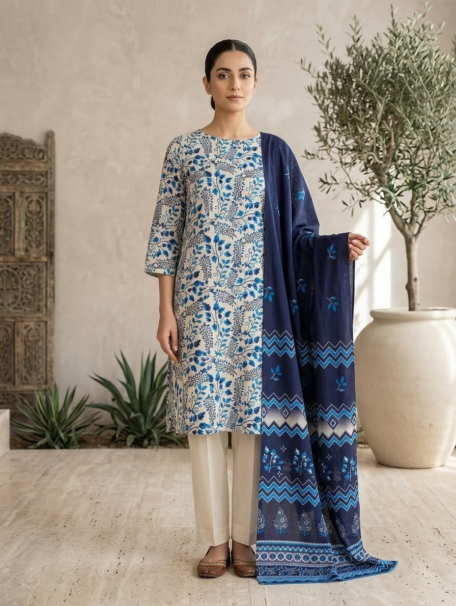 Finest Quality Lawn Unstitched 3 Piece Suit - Hamnaaz Off-White & Blue Vine Print