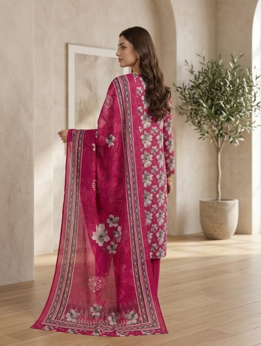 Finest Quality Lawn Unstitched 3 Piece Suit - Hamnaaz Magenta Floral Print