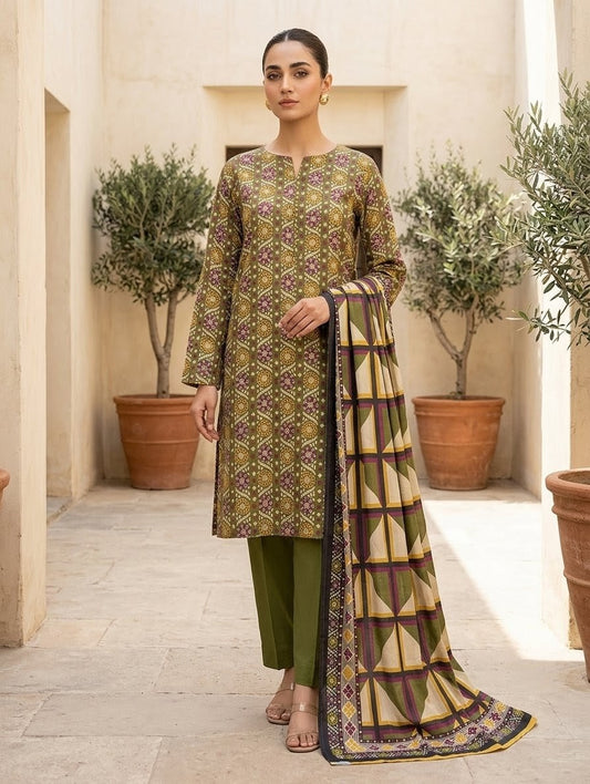 Finest Quality Lawn Unstitched 3 Piece Suit - Hamnaaz Olive Green Block Print