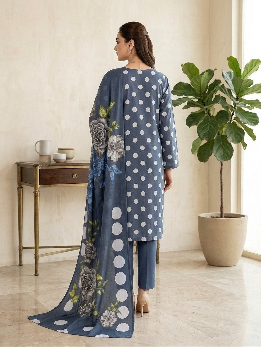 Finest Quality Lawn Unstitched 3 Piece Suit - Hamnaaz Slate Polka Dot Print