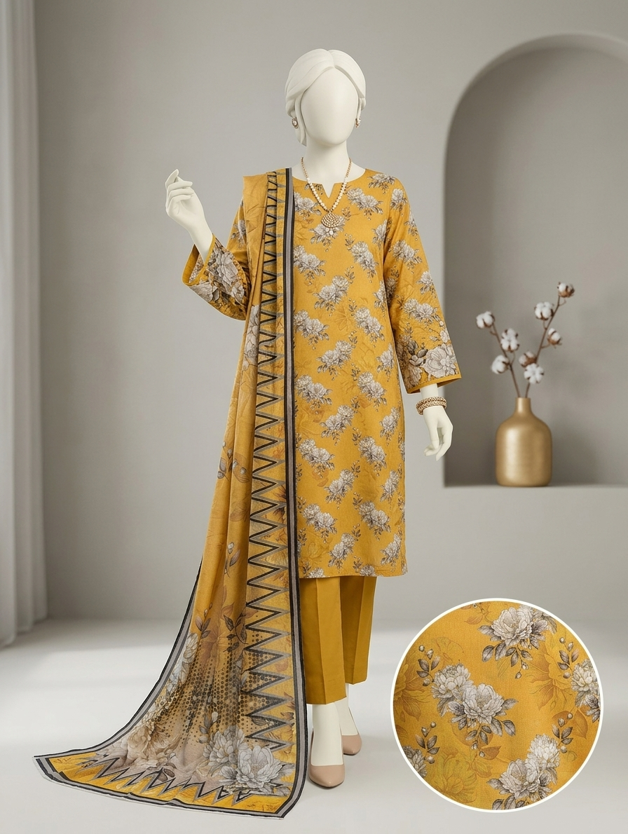 Finest Quality Lawn Unstitched 3 Piece Suit - Hamnaaz Mustard Floral Sketch Print
