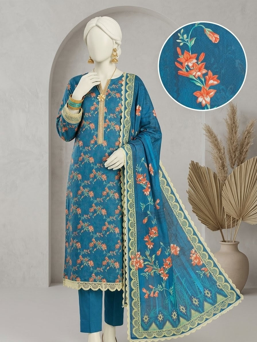 Finest Quality Lawn Unstitched 3 Piece Suit - Hamnaaz Vibrant Blue Orange Floral Print
