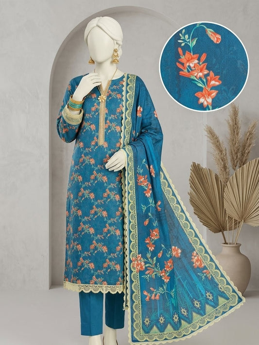 Finest Quality Lawn Unstitched 3 Piece Suit - Hamnaaz Vibrant Blue Orange Floral Print