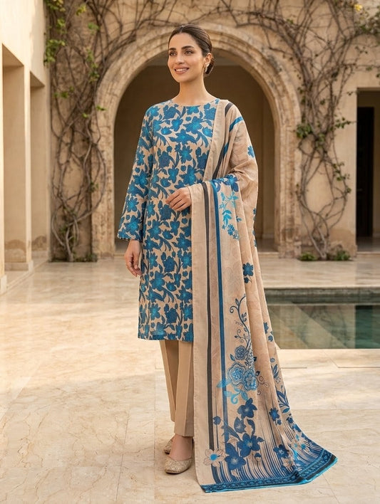 Finest Quality Lawn Unstitched 3 Piece Suit - Hamnaaz Cream & Blue Floral Print