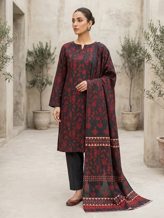 Finest Quality Lawn Unstitched 3 Piece Suit - Hamnaaz Charcoal & Deep Red Vine Print