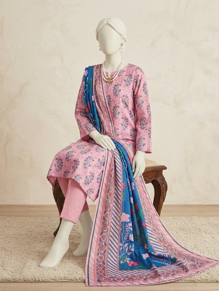 Finest Quality linen Unstitched 3 Piece Suit - Hamnaaz Light Pink Delicate Floral Vine Print