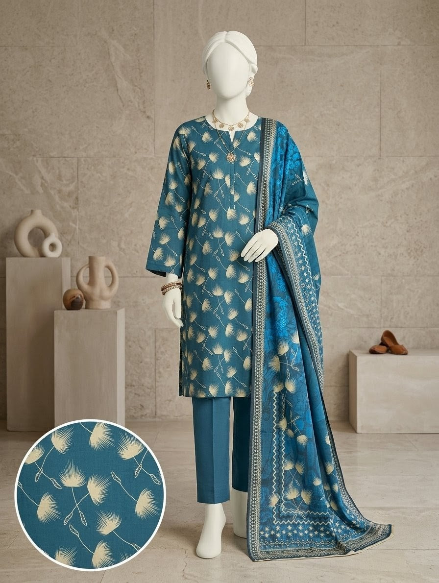Finest Quality Lawn Unstitched 3 Piece Suit - Hamnaaz Teal Dandelion Seed Print