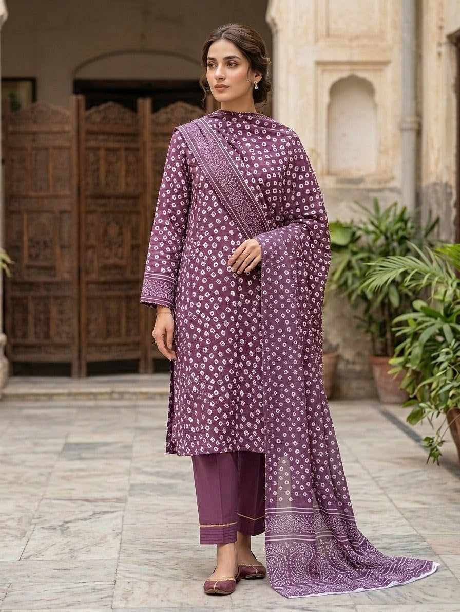 Finest Quality Lawn Unstitched 3 Piece Suit - Hamnaaz Plum Bandhani Print