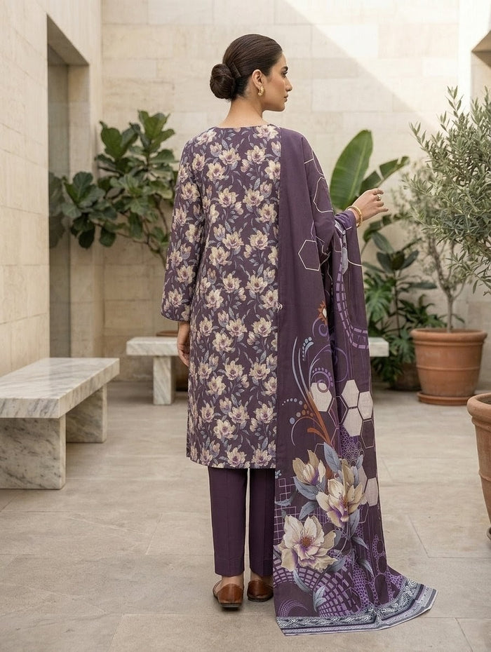Finest Quality Lawn Unstitched 3 Piece Suit - Hamnaaz Deep Purple Floral Print