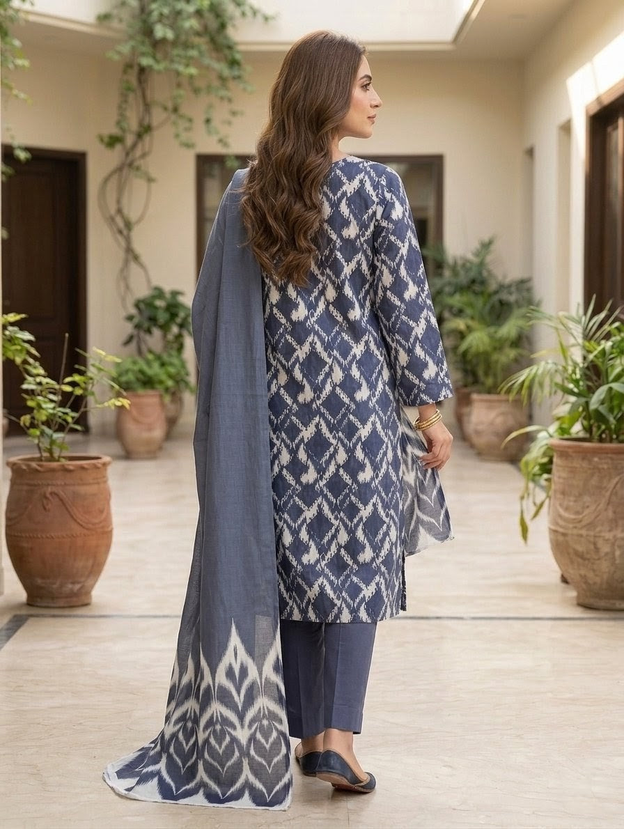 Finest Quality Lawn Unstitched 3 Piece Suit - Hamnaaz Navy Ikat Print